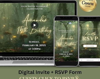 Digitale RSVP-uitnodiging Enchanted Garden-uitnodiging Fairy Garden-video-uitnodiging bosuitnodiging Save The Date | Canva Self Edit direct downloaden