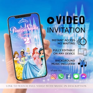 CUALQUIER TEXTO Invitación en vídeo a la fiesta de cumpleaños de las princesas, Fiesta de cumpleaños de la princesa Evite / Autoedición Descarga instantánea