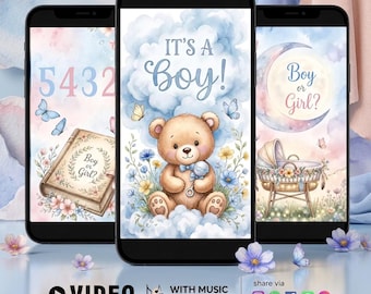 Teddy Bear Gender Reveal Video, Animated Baby Boy Announcement - Instant Download