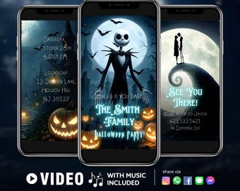 May include: Three smartphone screens displaying a Halloween party invitation. The central screen features Jack Skellington, pumpkins, and the text "The Smith Family Halloween Party!" The other screens show event details.