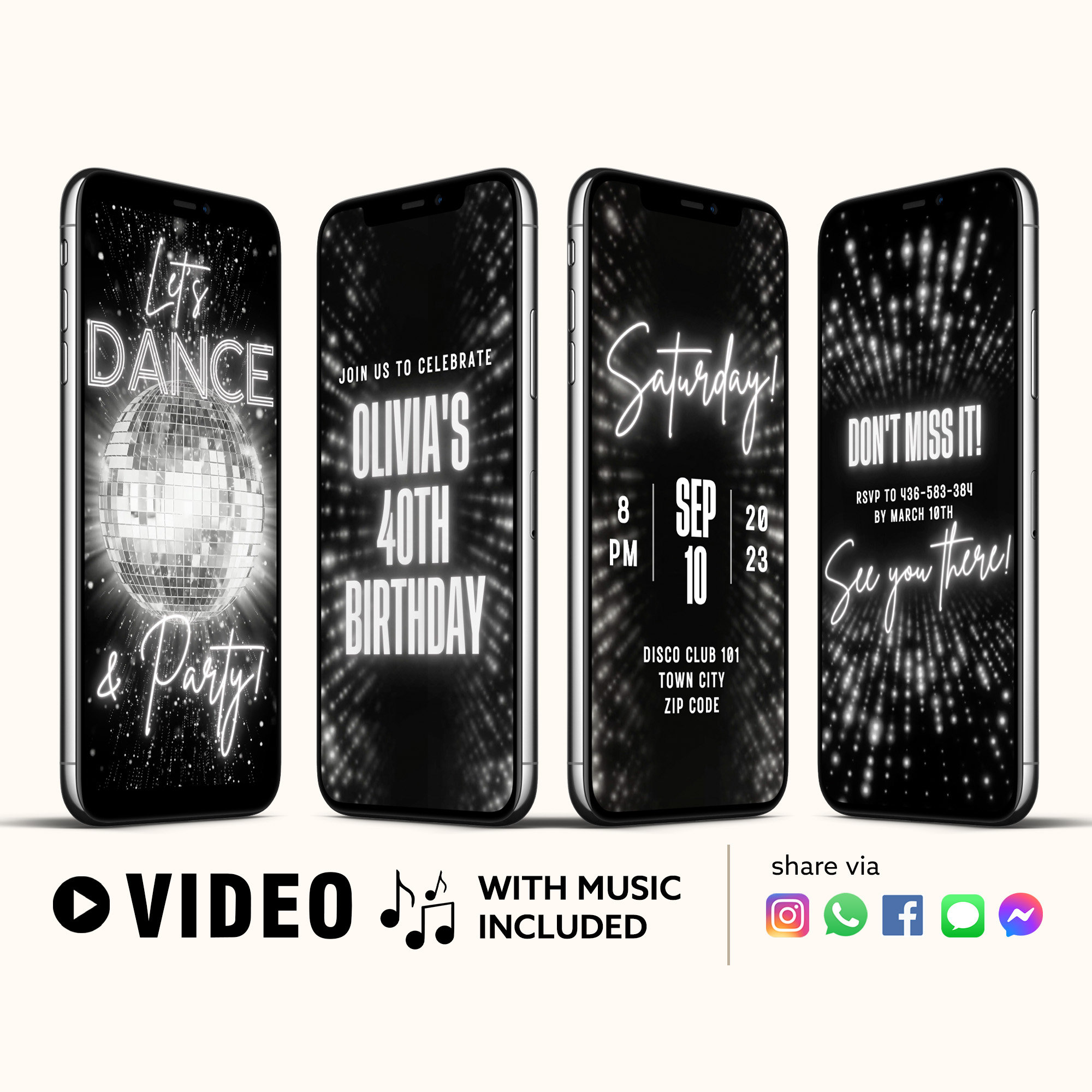 ANY TEXT Disco Ball Video Invitation, Birthday Video Inivte, 70’s Inivte, Animated Evite, Dance Evite | Canva Self Edit Instant Download