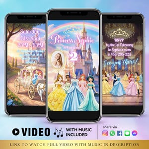 Puede incluir: Tres smartphones que muestran una invitación a una fiesta de cumpleaños con temática de princesas. El teléfono central muestra un castillo, un arcoíris y princesas. El teléfono de la izquierda muestra un carruaje. El teléfono de la derecha muestra una escena de salón de baile. El texto incluye "Princesa Sofía".