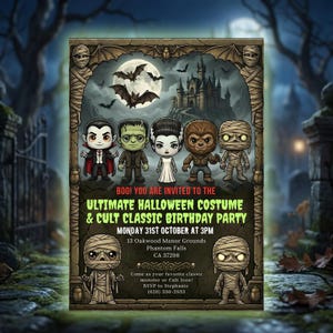 Puede incluir: Invitación a una fiesta de Halloween con monstruos de dibujos animados como Drácula, Frankenstein y una momia. La invitación incluye el texto "ULTIMATE HALLOWEEN COSTUME & CULT CLASSIC BIRTHDAY PARTY" y detalles del evento. El fondo muestra un castillo espeluznante y murciélagos.