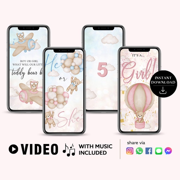 Instant download Gender reveal video It's a Girl! Video card digital announcement Watercolour Balloon Bear Confetti Countdown Firework