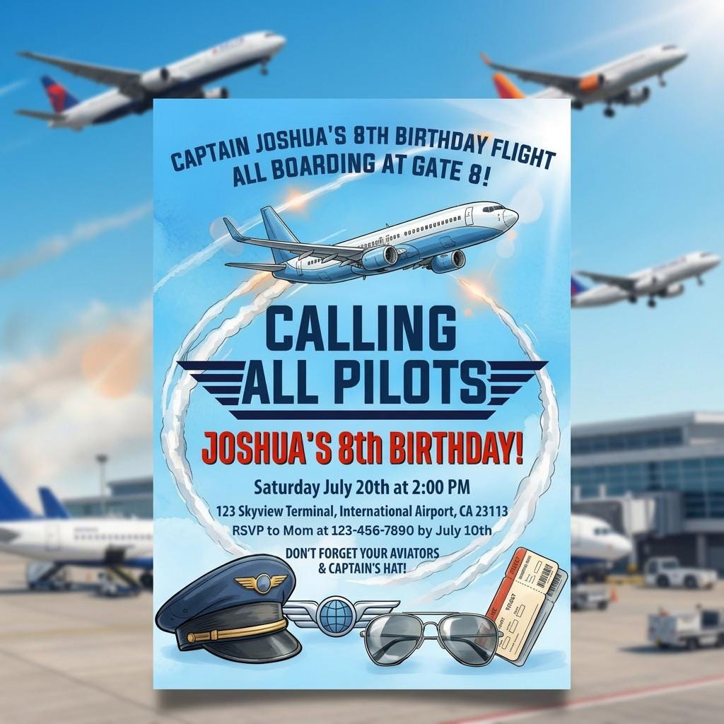 Take Flight Invite Commercial Airplane Birthday Invitation, Pilot Flight Attendant Party ...