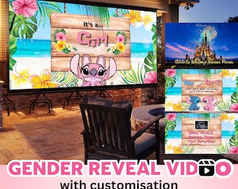 May include: A digital gender reveal video template displayed on a large outdoor projector screen. The design features a tropical beach theme with hibiscus flowers, palm leaves, and a wooden sign reading It's a... Girl with a pink alien character.