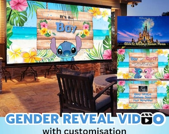 May include: A digital gender reveal video template displayed on a large outdoor screen. The design features a tropical beach background with hibiscus flowers, palm leaves, and a wooden sign reading It's a... Boy with a blue Stitch character illustration.