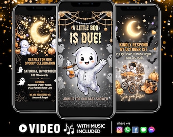 A Little Boo is Due Baby Shower Video Invite, Animated Ghost Halloween Mobile Evite, Spooky Gender Neutral Party, Canva Editable Template