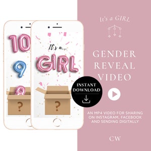 Descarga instantánea Vídeo de revelación de género ¡Es una niña! Tarjeta de vídeo Vídeo de anuncio de embarazo digital / Caja de globos de confeti Cuenta regresiva