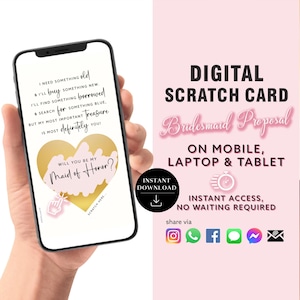 Tarjeta rasca y gana para propuesta de dama de honor, tarjeta rasca y gana digital, sé mi dama de honor, tarjeta de anuncio sorpresa, anuncio digital/texto de correo electrónico