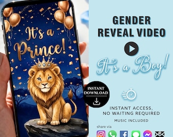 Gender Reveal Video Royal Lion Theme Boy Baby Announcement - Virtual Instant Download