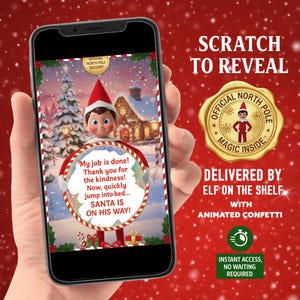 Puede incluir: Un teléfono inteligente muestra una escena navideña con un personaje de elfo y el texto "¡Mi trabajo está hecho! ¡Santa está en camino!" Un sello dorado dice "Magia del Polo Norte Oficial en el interior". El fondo es rojo con copos de nieve.
