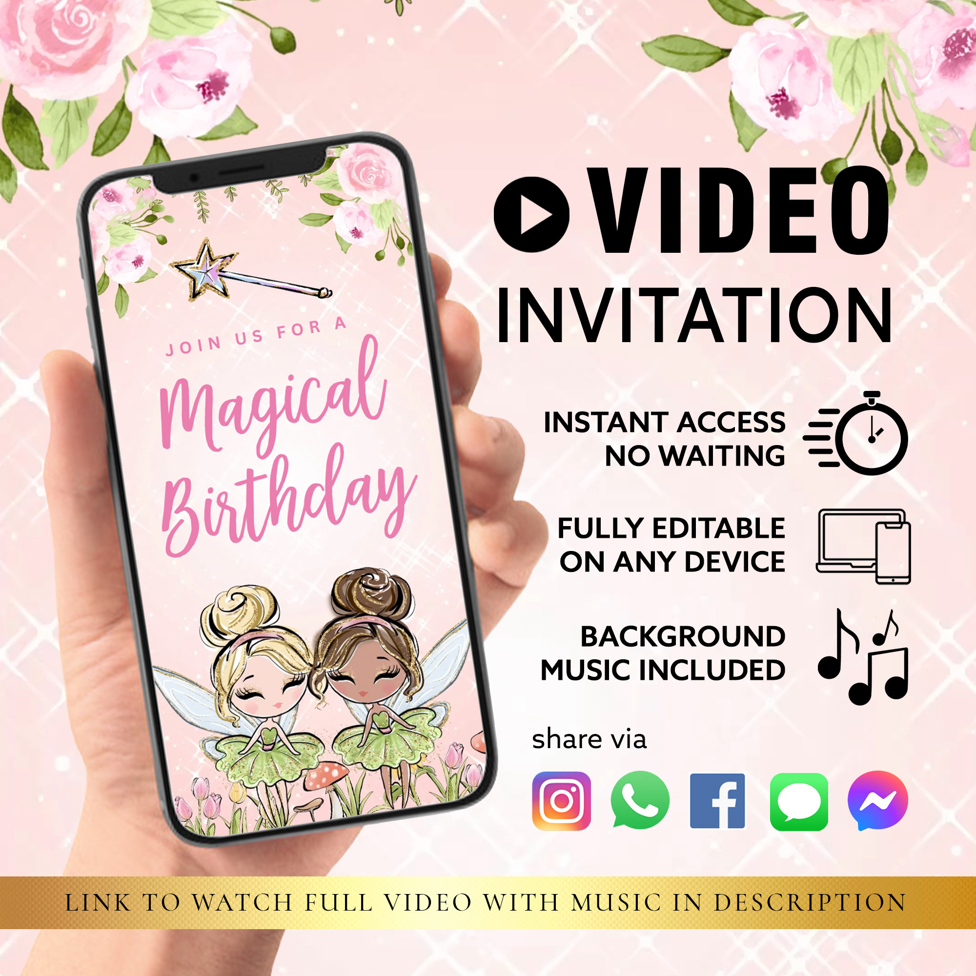 ANY TEXT Fairy Princess Birthday Party Video Invitation, Princess Birthday Party Evite | Canva Self Edit Video Instant Download