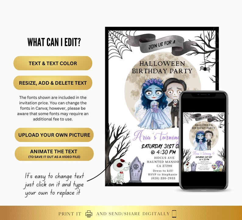 Bearbeitbar Halloween Braut einladen | Geburtstags-Halloween-Einladung | Digitale und druckbare einladen bearbeitbare Vorlage | Sofort Download Bild 2