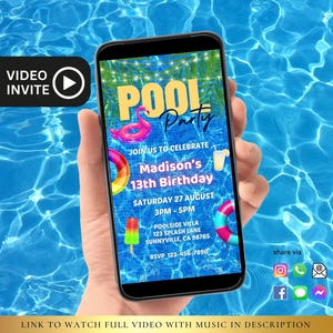May include: A smartphone screen displaying a pool party invitation for Madison's 13th birthday. The invitation features a blue and white pool tile pattern, a yellow and black "Pool Party" banner, and a variety of pool floats. The text on the invitation reads "Join us to celebrate Madison's 13th Birthday, Saturday 27 August, 3PM-5PM, Poolside Villa, 123 Splash Lane, Sunnyville, CA 98765, RSVP 123-456-7890".