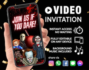 Animiertes Slasher Night Video Einladung, Gruselfilm Geburtstagseinladung, Gruselige Bösewicht Party | Canva bearbeitbare Vorlage