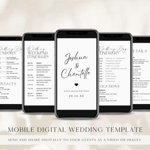 Puede incluir: La pantalla de un teléfono móvil que muestra un itinerario de fin de semana de boda con un diseño en blanco y negro. El itinerario incluye el ensayo de la boda, la ceremonia, la recepción y el brunch. La pantalla del teléfono también muestra los nombres Joshua & Chantelle y la fecha 25.10.XX.