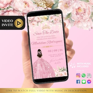 ELKE TEKST Roze Quinceañera Save The Date-uitnodiging, video-uitnodiging, verjaardag, Quinceañera, zelfbewerkingsvideo direct downloaden
