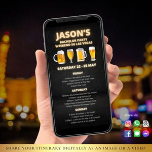 Peut inclure: Un écran de smartphone noir et or affichant un itinéraire numérique pour un week-end d'enterrement de vie de garçon à Las Vegas. L'itinéraire comprend une liste d'activités pour le vendredi, le samedi et le dimanche, notamment un happy hour, un dîner, une tournée des bars, un brunch, du temps à la piscine et une exploration de la ville. L'écran comprend également une icône de partage via avec des liens vers les plateformes de médias sociaux.