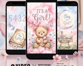 Teddy Bear Gender Reveal Video, Animated Baby Girl Announcement - Instant Download