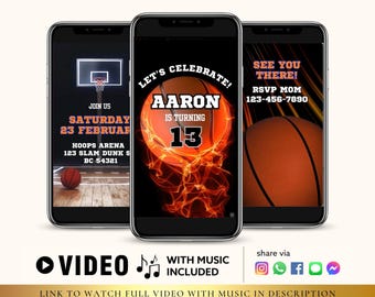 Puede incluir: Una invitación de video para una fiesta de cumpleaños con temática de baloncesto. La invitación presenta una pelota de baloncesto con llamas, el texto "Let's Celebrate! Aaron is turning 13", y un aro de baloncesto. La invitación también incluye el texto "See You There! RSVP Mom 123-456-7890".