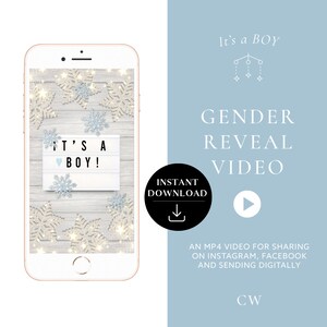 Téléchargement instantané De la vidéo Gender reveal It’s a Boy! Vidéo d’annonce de grossesse numérique sur carte vidéo pour les médias sociaux | Flocons de neige de Noël