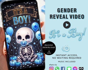Boy Gender Reveal Video, Halloween Skeleton Baby Announcement, Boy or Ghoul Evite, Spooky Gender Reveal Party - Instant Download