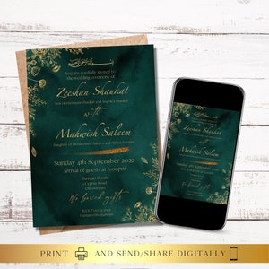 Elegant Green Gold Wedding Invitation, Digital and Printable Invite Editable Template | Instant Download