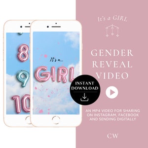 Instant download Gender reveal video Het is een meisje! Videokaart digitale aankondigingsvideo voor social media | Aftellen van confettiballon