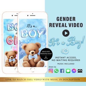 NIÑO Descarga instantánea Tarjeta de video de revelación de género Anuncio digital Video Osito de peluche / Correo electrónico Texto Redes sociales Globo Cuenta regresiva Humo