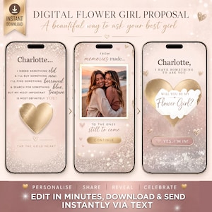 May include: Three smartphone screens displaying a digital flower girl proposal template with a rose gold glitter background. The screens feature text, a photo of two people hugging, and gold heart graphics with prompts like Tap the gold heart.