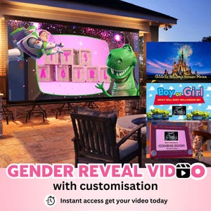 May include: A large outdoor projector screen displays a Toy Story themed gender reveal video featuring Buzz Lightyear and Rex with wooden blocks spelling IT'S A GIRL. Additional graphics show a castle, Boy or Girl text, and an ultrasound image.