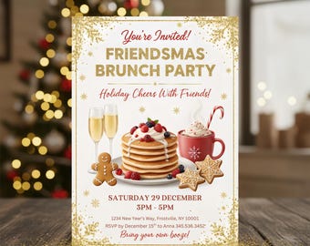 Puede incluir: Invitación a una fiesta de brunch de Navidad con detalles dorados brillantes. La invitación presenta ilustraciones de panqueques, champán y una taza de chocolate caliente. El texto incluye la fecha, la hora y el lugar.