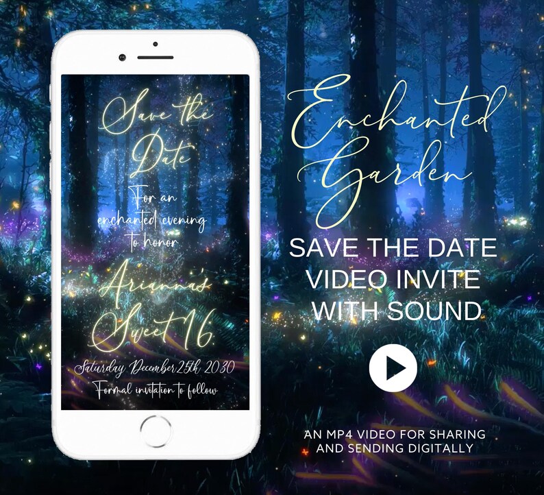 Enchanted Garden Save the Date Video Invite with Music, Fairy Woodland Digital Save the Date, Sweet 16 or Any Event Instant Download image 1
