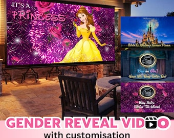 Puede incluir: Una gran pantalla de proyección exterior que muestra un anuncio digital de revelación de género con una princesa de dibujos animados en vestido amarillo, rosas rosas y el texto IT'S A PRINCESS, junto a paneles de vista previa con un castillo y ecografías.