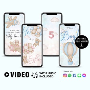 BOY Descarga instantánea Gender Reveal Tarjeta de vídeo anuncio digital Acuarela Globo Oso Confeti Cuenta regresiva Fuegos artificiales