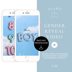 Descarga instantánea del video de revelación de género ¡Es un niño! Video de anuncio digital de tarjeta de video para redes sociales / Cuenta regresiva de globos de confeti