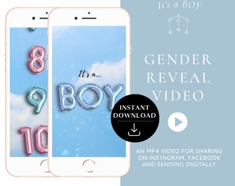 Téléchargement instantané Vidéo de révélation de sexe C’est un garçon! Carte vidéo vidéo d’annonce numérique pour les médias sociaux | Compte à rebours du ballon de confettis
