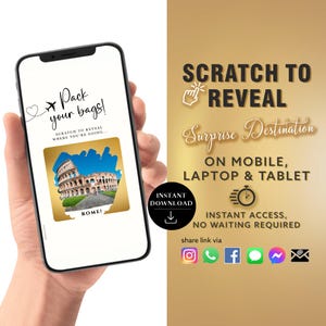 Cartão de raspadinha de destino de viagem para ROMA | Anúncio surpresa de viagem de aniversário | Texto de e-mail instantâneo