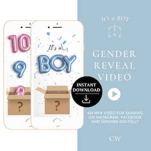 Descarga instantánea Vídeo de revelación de género ¡Es un niño! Tarjeta de vídeo Vídeo de anuncio de embarazo digital / Globos de confeti Caja Cuenta regresiva de números