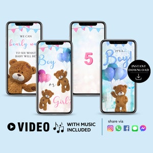 Téléchargement instantané Vidéo de révélation de sexe C’est un garçon! Carte vidéo annonce numérique Aquarelle Ballon Ours Congrats Compte à rebours Feu d’artifice