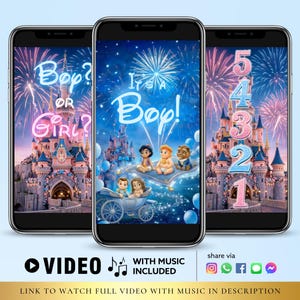 Può includere: Tre smartphone che mostrano grafiche per baby shower. Uno dice "Bop? OR Girl?" con un castello e fuochi d'artificio. Un altro dice "It's a Boy!" con personaggi animati. Il terzo mostra i numeri 1-5. Include video e musica.
