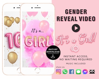GIRL Instant download Gender Reveal Video card digital announcement video | Email Text Social Media Balloon Countdown Smoke