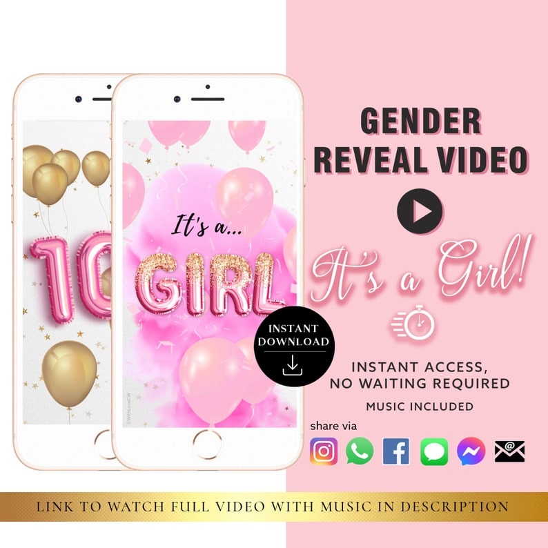 GIRL Instant Download Gender Reveal Video Card Digital Etsy