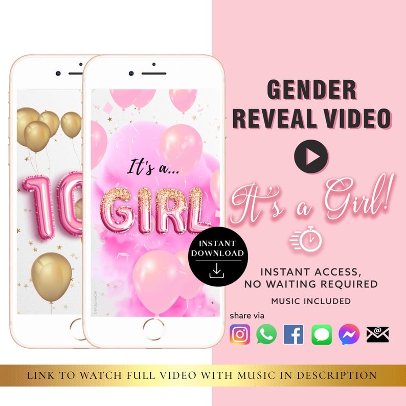 GIRL Instant download Gender Reveal Video card digital announcement video Email Text Social Media Balloon Countdown Smoke image 1