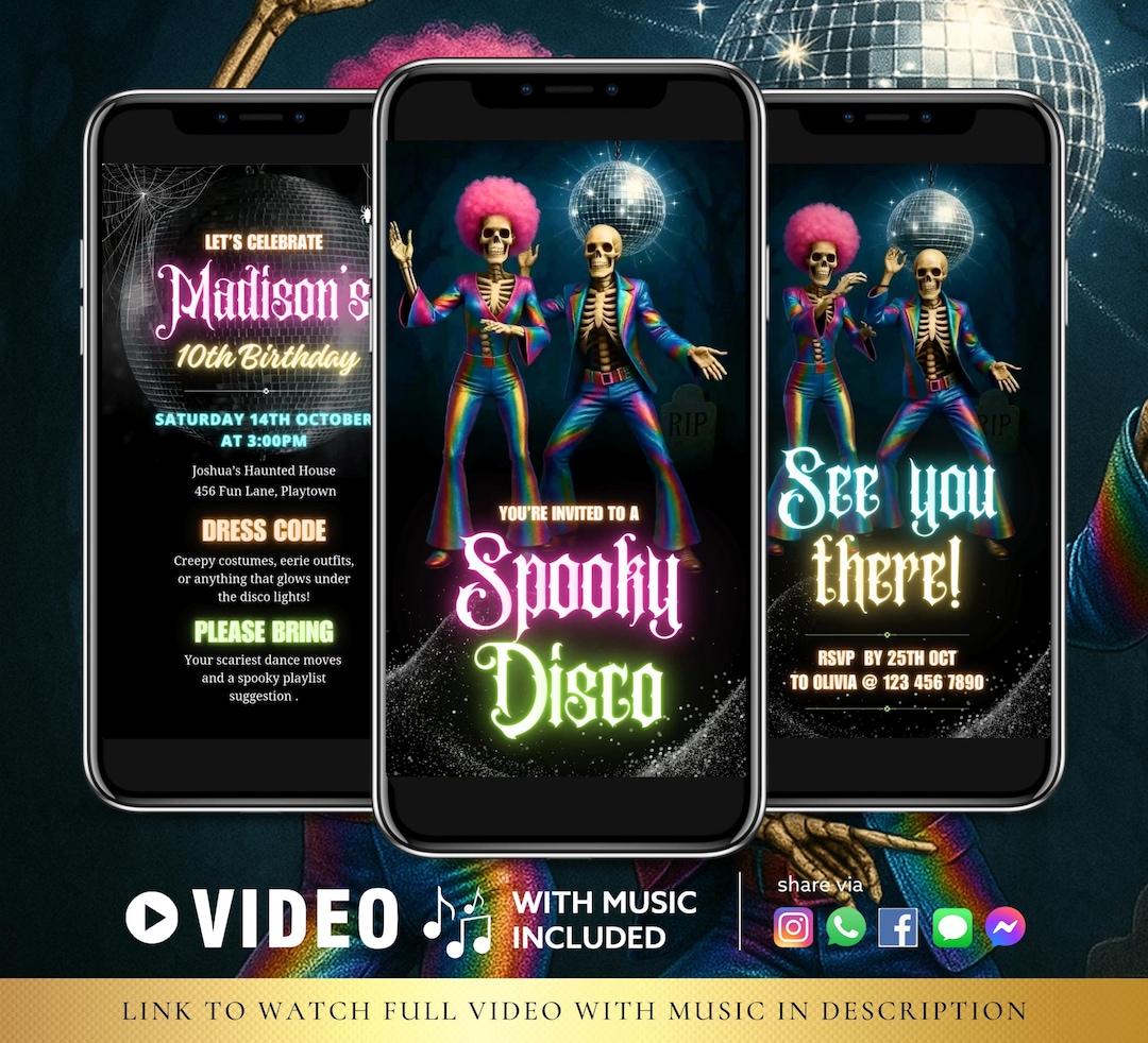 Editable Disco Skeleton Halloween Party Video Retro 80s Halloween ...