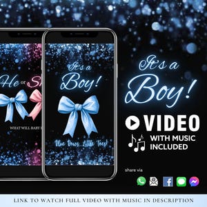 Tarjeta de video de anuncio de embarazo digital con revelación de género de NIÑO Descarga instantánea / Lazo rosa