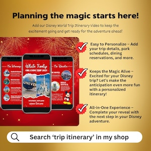 May include: A red and gold background with a white checkmark and text that reads "Easy to Personalize - Add your trip details, park schedules, dining reservations, and more."  A red and gold background with a white checkmark and text that reads "Keeps the Magic Alive - Excited for your Disney trip? Let's make the anticipation even more fun with a personalized itinerary!" A red and gold background with a white checkmark and text that reads "All-in-One Experience - Complete your reveal with the next step in your Disney adventure."  Three phone screens with a Disney World itinerary for a family trip to Orlando. The screens show the itinerary, details, and what to pack.  The text "Search 'trip itinerary' in my shop" is at the bottom of the image.