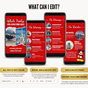 May include: Four smartphones displaying a red-themed itinerary for an Orlando trip, with text including "Wilkin Family Orlando Trip 2025" and "The Itinerary." The image also includes text about editing and customizing the design.