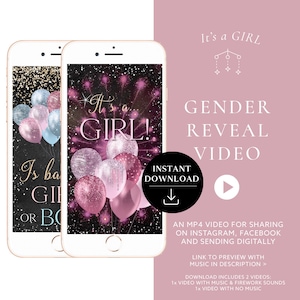 Tarjeta de video de anuncio digital con revelación de género de NIÑA Descarga instantánea / Globos con purpurina Cuenta regresiva Fuegos artificiales